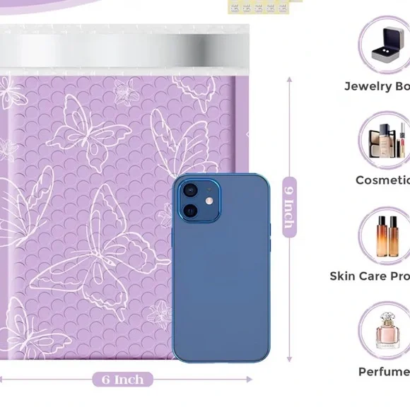 20-Pack 6x10” Purple Butterfly Bubble Mailers | Shipping Supplies - Picture 2 of 5
